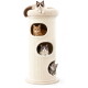 Beiger zylindrischer Katzenturm mit drei gemütlichen Höhlen und einem plüschigen oberen Bett für Katzen.
