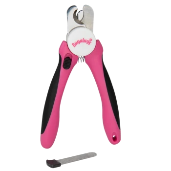 Rosa und schwarze Bugalugs-Haustier-Nagelknipser mit einer Metallfeile auf weißem Hintergrund.