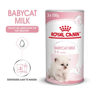 Royal Canin Babycat Milk kanister, 3 x 100g, voor kittens van 0-2 maanden, met een schattige kittenafbeelding en instructies voor bereiding.