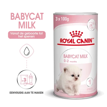 Royal Canin Babycat Milk kanister, 3 x 100g, voor kittens van 0-2 maanden, met een schattige kittenafbeelding en instructies voor bereiding.