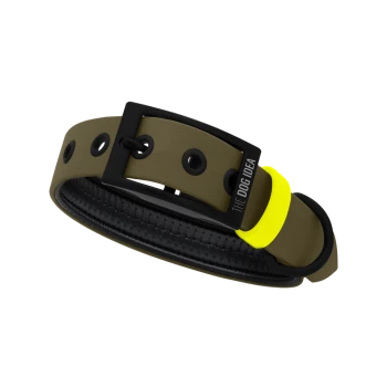 Ein stilvolles Hundehalsband in olivgrün mit einer schwarzen Schnalle und einem leuchtend gelben Akzent, mit dem Text 'THE DOG IDEA.'