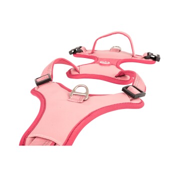 Pink verstellbares Hundegeschirr mit Metall-D-Ringen und schwarzen Kunststoffschnallen, dargestellt auf weißem Hintergrund.