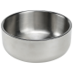 Edelstahl-Hundefutter-Schüssel mit einem glatten, glänzenden Inneren und einem leicht gewölbten Rand, geeignet für Hunde oder Katzen.