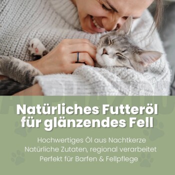 Person kuschelt eine entspannte grau getigerte Katze, mit Text, der natürliches Futteröl für glänzendes Fell auf Deutsch bewirbt.