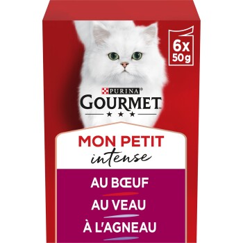 Purina Gourmet kattenvoerdoos met witte langharige kat; tekst 'MON PETIT intense', 'AU BŒUF', 'AU VEAU', 'À L'AGNEAU', '6x50g'