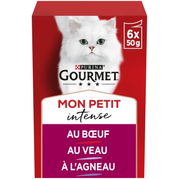 Boîte de nourriture pour chats Purina Gourmet montrant un chat blanc à poils longs ; mentionne «MON PETIT intense», «AU BŒUF», «AU VEAU», «À L'AGNEAU», «6x50g»