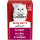 Purina Gourmet kattenvoerdoos met witte langharige kat; tekst 'MON PETIT intense', 'AU BŒUF', 'AU VEAU', 'À L'AGNEAU', '6x50g'