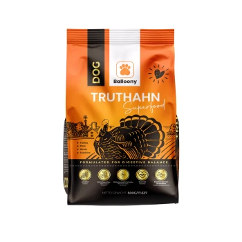 Hundefuttertüte, beschriftet mit "Balloony TRUTHAHN Superfood" mit einer Truthahn-Illustration und dem Text "Für eine ausgewogene Verdauung formuliert".