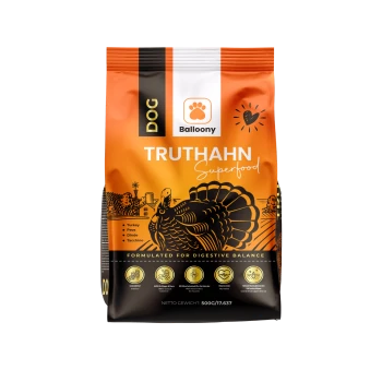 Hundefuttertüte, beschriftet mit "Balloony TRUTHAHN Superfood" mit einer Truthahn-Illustration und dem Text "Für eine ausgewogene Verdauung formuliert".
