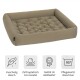 Beige rechteckiges Haustierbett mit gepolstertem Bezug. Merkmale: "Kuschelig Weich," "Orthopädisch Formstabil," "MADE IN GERMANY," "Pflegeleicht Waschbar."