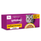 Lila Whiskas-Multipackbox mit Foto einer grauen getigerten Katze; Text 'whiskas', 'Geflügel Auswahl in Gelee', '40 x 85 g', '1+'.