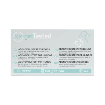 Verpackung des getTested Adenovirus-Tests für Hunde, mehrsprachiges Etikett mit DNA-Logo, Hundesilhouette und Symbolen: Schnelltest, Tupfer, Kot