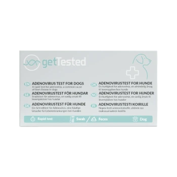 Verpackung des getTested Adenovirus-Tests für Hunde, mehrsprachiges Etikett mit DNA-Logo, Hundesilhouette und Symbolen: Schnelltest, Tupfer, Kot