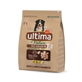 Sac de nourriture pour chien étiqueté "Ultima Nature No Grain" pour chiens adultes de taille moyenne à grande, contenant de la dinde fraîche et des légumes, 2,7 kg.