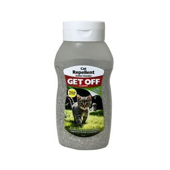 Bottle of "GET OFF" cat repellent scatter granules for gardens, label shows a walking tabby and the text "Cat Repellent."