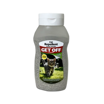 Bottle of "GET OFF" cat repellent scatter granules for gardens, label shows a walking tabby and the text "Cat Repellent."
