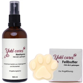 Yuki cares Nest-Spray und Fellbutter für Haustiere, mit einem pfotenförmigen Balsam, mit Etiketten auf Deutsch, die 'Fühl dich geborgen' und 'Zur Angstlösung' besagen.