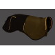 Ein Hundemantel in Schwarz und Olivgrün, mit reflektierenden orangefarbenen Akzenten und dem Markennamen "RUFFWEAR" an der Seite.