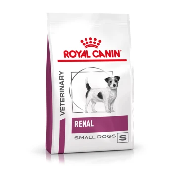 Croquettes vétérinaires Royal Canin Renal pour petits chiens, avec une image de petit chien sur l'emballage.