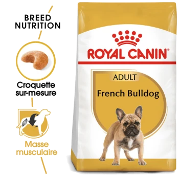 Sac de nourriture pour chien Royal Canin Adult French Bulldog, présentant des détails nutritionnels spécifiques à la race et une forme de croquette personnalisée.