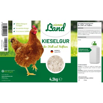 Hühner Land Kieselgur für Stall- und Nutztiere, 4,2 kg, mit Hühnerbild, Produktvorteilen und Gebrauchsanweisung auf Deutsch.