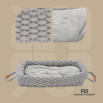 Ein gemütliches graues Haustierbett mit geflochtenem Äußeren und weichem Innenkissen, mit Nahaufnahmen der Stofftexturen.