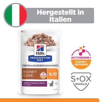 Hill's k/d Kidney Care Nassfutterbeutel für Katzen, zarte Stückchen in Soße; ActivBiome+; Hergestellt in Italien