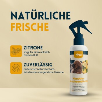 Sprühflasche mit der Aufschrift 'Haustiergeruchsentferner' mit Bildern eines Hundes und einer Zitrone, die natürliche Frische und Geruchsentfernung hervorhebt.
