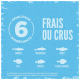Illustration de six poissons : sardine, maquereau, merlu, sole, sébaste et fausse limande, étiquetée "FRAIS OU CRUS" avec note de réfrigération.
