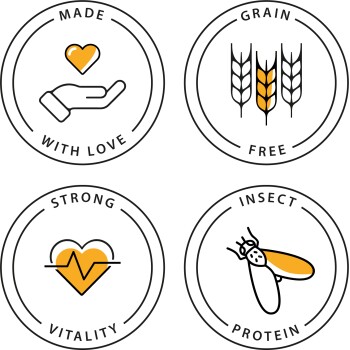 Vier kreisförmige Icons für Tierfutter: "Mit Liebe gemacht" (Hand/Herz), "Getreidefrei" (Weizen), "Starke Vitalität" (Herz/Puls), "Insektenprotein" (Insekt).