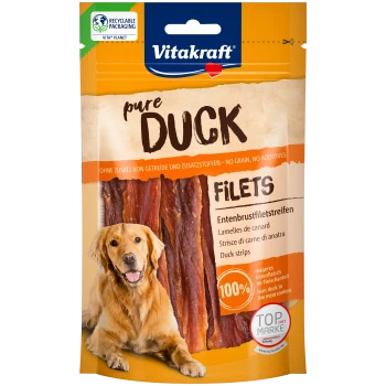 Vitakraft reine Entenfilets Verpackung mit Entenstreifen, beschriftet mit '100% mageres Entenfleisch im Fleischgehalt', mit mehrsprachigen Beschreibungen.
