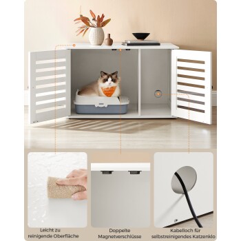 Ein weißer Katzenstreu-Schrank mit einer flauschigen Katze darin, dekoriert mit einer Vase und Büchern. Merkmale sind eine leicht zu reinigende Oberfläche und doppelte Magnetverschlüsse.