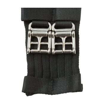 Nahaufnahme eines schwarzen Haustiergeschirrs mit zwei silbernen Metallschnallen und strapazierfähigen Nylonriemen.