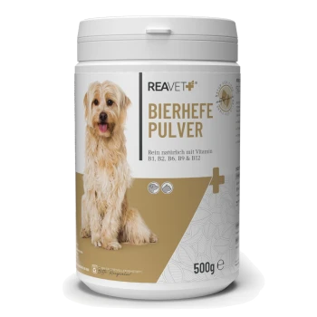 Behälter mit REAVET Bierhefe-Pulver für Hunde, mit einem Golden Retriever auf dem Etikett, das die Vitamine B1, B2, B6, B9 und B12 hervorhebt.