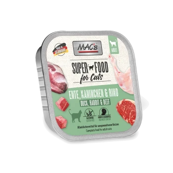 MAC's Super Food für Katzen erwachsenes Nassfutter mit Ente, Kaninchen und Rind, glutenfrei, hergestellt in Deutschland.