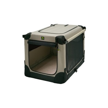 Tragbare Haustierbox in Beige und Schwarz, mit Netzpaneelen für Belüftung und einem Reißverschluss-Eingang.