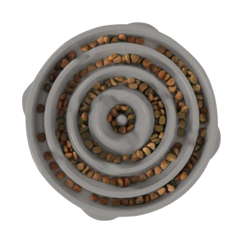 Eine graue spiralförmige Haustierschüssel, gefüllt mit trockenem Futter, das in konzentrischen Kreisen angeordnet ist, um das Essen zu verlangsamen.