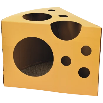 Yellow cardboard cat house shaped like a cheese wedge with multiple circular holes and corrugated interior.
