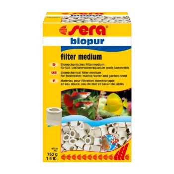 biopur 750 g Opakowanie medium filtracyjnego Sera Biopur z kolorowymi obrazkami ryb i wielojęzycznym tekstem dla zbiorników słodkowodnych, morskich i ogrodowych. Waga netto: 750 g.