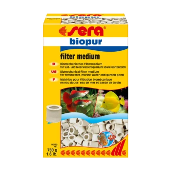 Opakowanie medium filtracyjnego Sera Biopur z kolorowymi obrazkami ryb i wielojęzycznym tekstem dla zbiorników słodkowodnych, morskich i ogrodowych. Waga netto: 750 g.