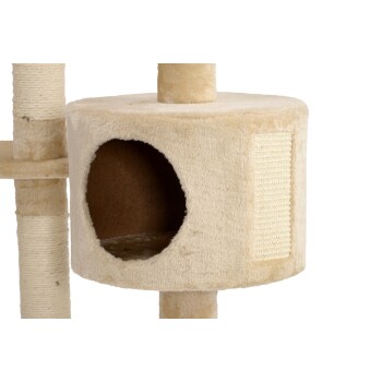 Ein beiger Katzenbaum mit einem runden Versteck und einer strukturierten Kratzfläche an der Seite, entworfen für das Spielen und Ausruhen von Katzen.