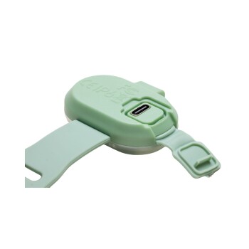 Nahaufnahme eines grünen Haustier-Trackers mit USB-C-Ladeanschluss und verstellbarem Riemen.