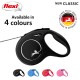 Black flexi retractable dog leash with a handle, featuring a logo and text stating "Available in 4 colours" and "NEW CLASSIC."