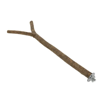 Y-Sitzstange Holz Natur 40 cm Natürlicher Holzkaustick für Haustiere mit einer Metallbefestigung, entworfen für kleine Tiere zum Nagen und Spielen.