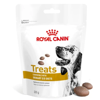 Snacks Adult, Urinary S/O Verpackung von Royal Canin Hundeleckerlis mit einer schwarz-weißen Hundillustration, mit der Aufschrift "Leckerlis kompatibel mit Harn S/O Diäten," 230g.