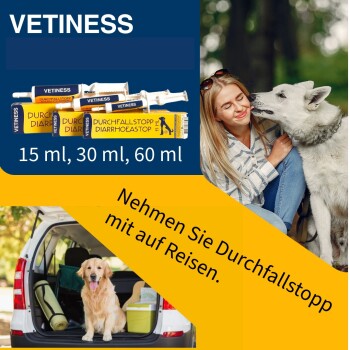 Vetiness Haustierprodukte: drei "Durchfallstopp" Tuben (15ml, 30ml, 60ml) mit einem Hund und einer Frau im Auto. Text: "Nehmt Durchfallstopp auf eure Reisen mit."
