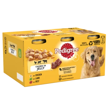 Pedigree dog food pack featuring "Chunks in Jelly" with flavors of chicken, lamb, and beef; includes a golden retriever image.