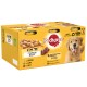 Pedigree dog food pack featuring "Chunks in Jelly" with flavors of chicken, lamb, and beef; includes a golden retriever image.