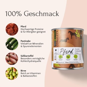 Dose mit Haustierfutter mit der Aufschrift "Pferd" und Zutaten: Pferdefleisch, Pastinake, Süßkartoffel, Zucchini und Birne, mit ernährungsphysiologischen Angaben.