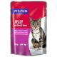 Katze Futterbeutel mit einer getigerten Katze, beschriftet mit 'FIT+FUN JELLY mit Rind & Huhn' mit Übersetzungen in Französisch und Spanisch, 100g.